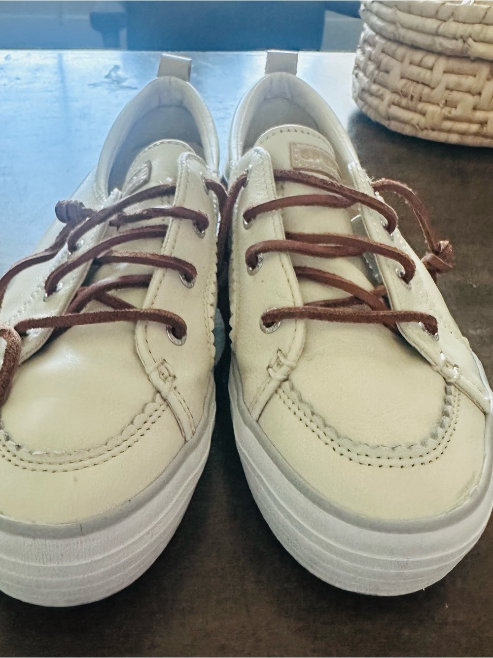 Sperry Cream Leather Sneakers with Brown Laces